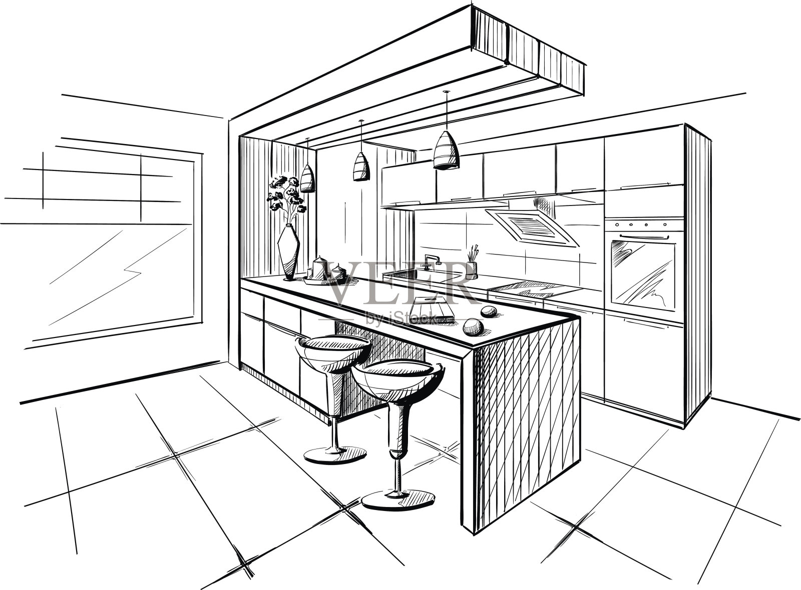 带有岛屿的现代厨房的室内草图。设计元素图片