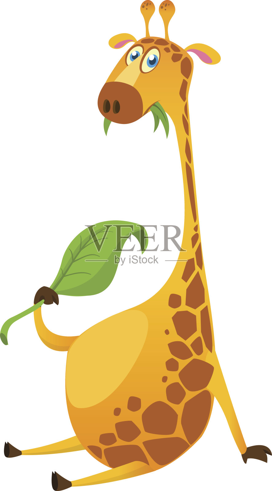 卡通可爱的长颈鹿嚼着绿叶。矢量插图孤立在白色上插画图片素材