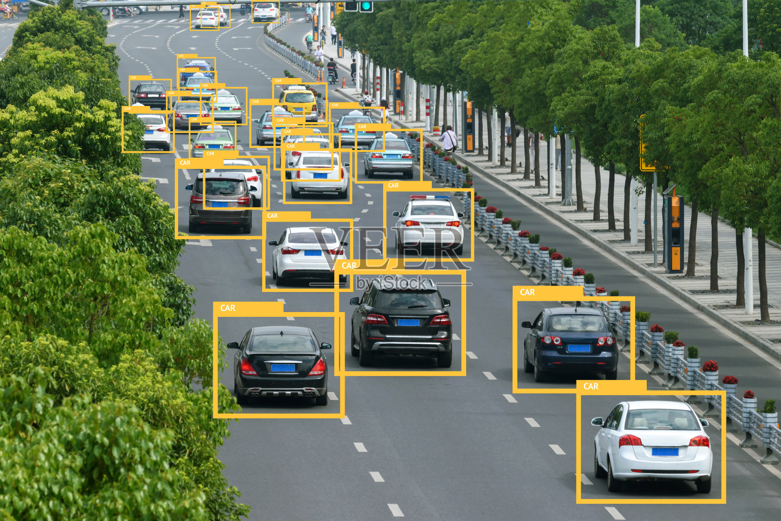 机器学习分析识别车辆技术，人工智能概念。软件ui分析和识别城市车辆。照片摄影图片