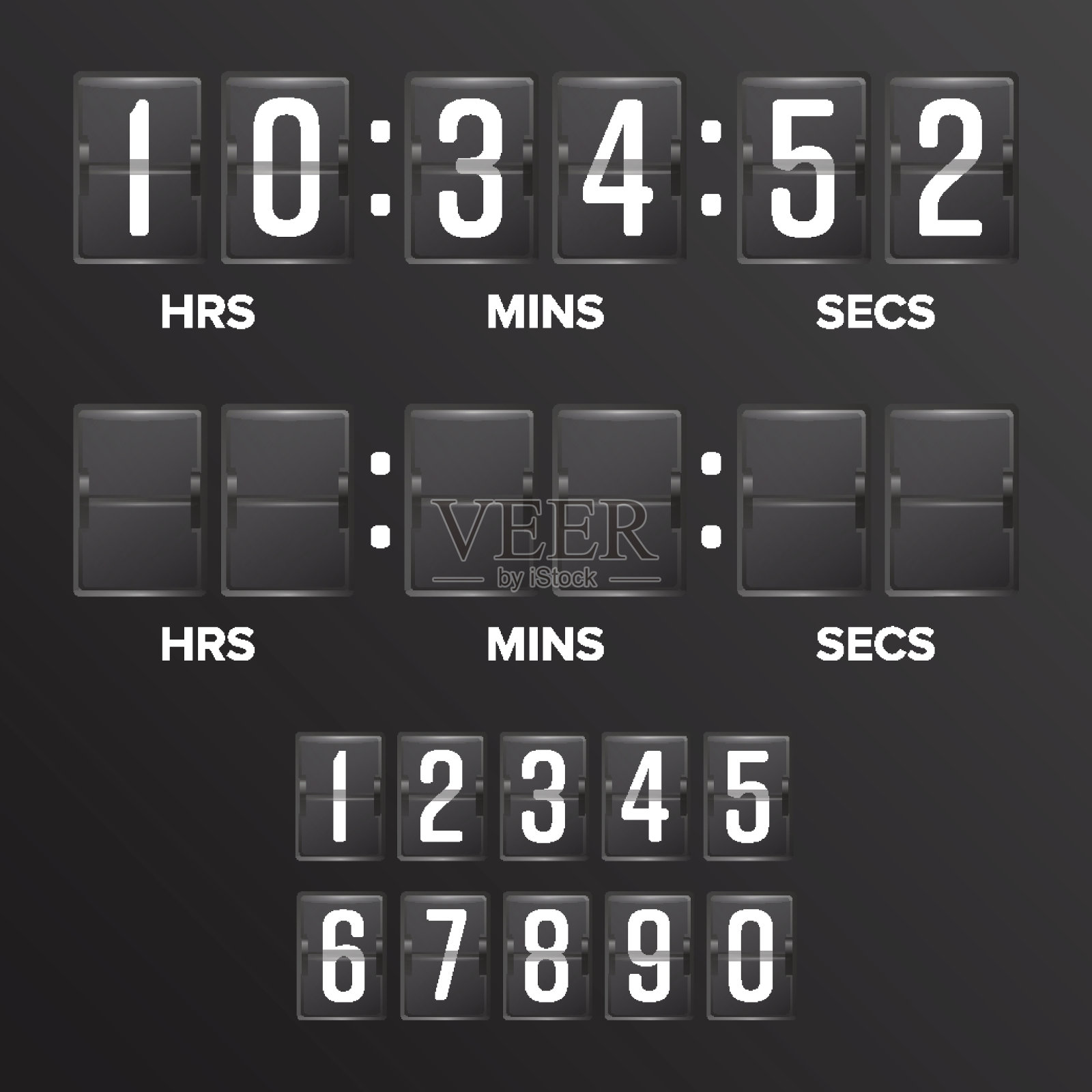 翻转倒数计时器矢量。模拟黑色记分牌数字计时器空白。小时,分,秒。时间说明设计元素图片