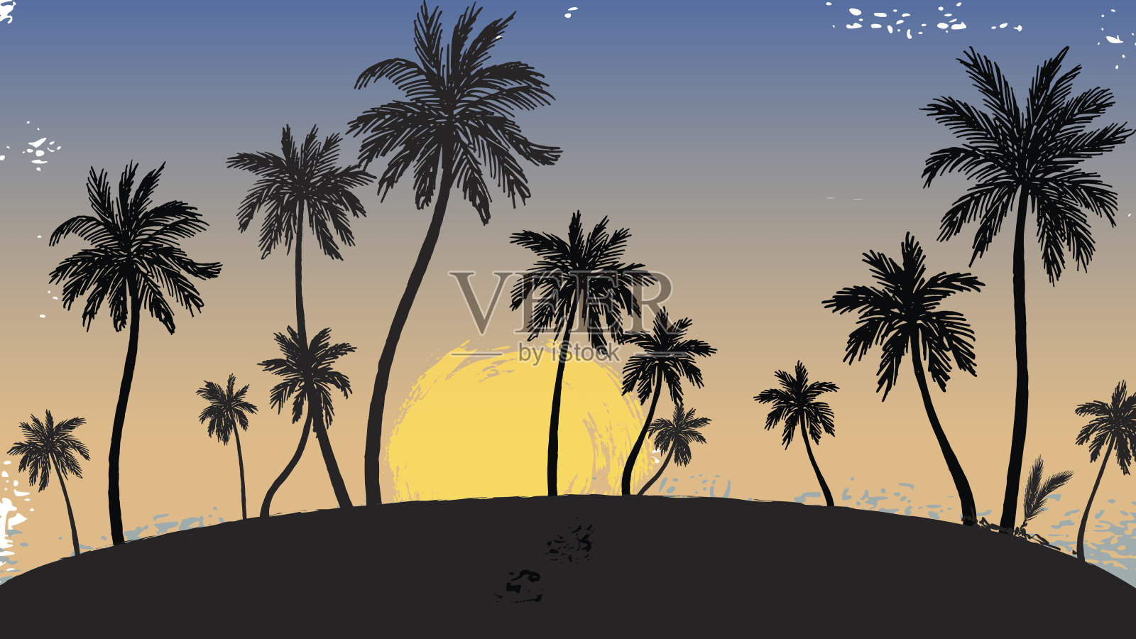 矢量插图的手绘棕榈树在一个油漆的背景。插画图片素材