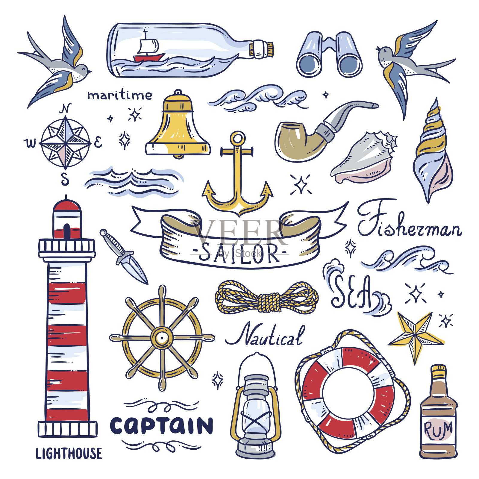 水手手绘元素。航海插图:灯塔，海浪，船长物品，贝壳设计元素图片