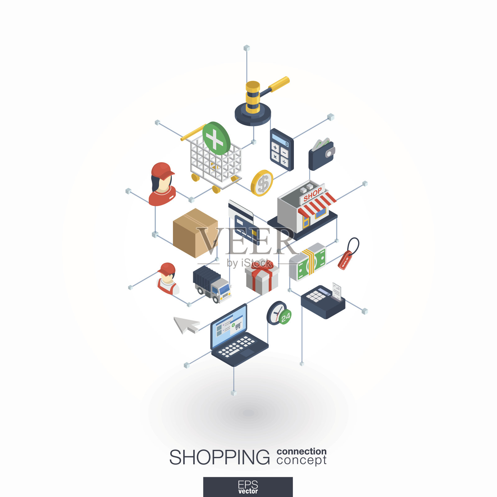 购物集成3d网络图标。数字网络等距概念。插画图片素材