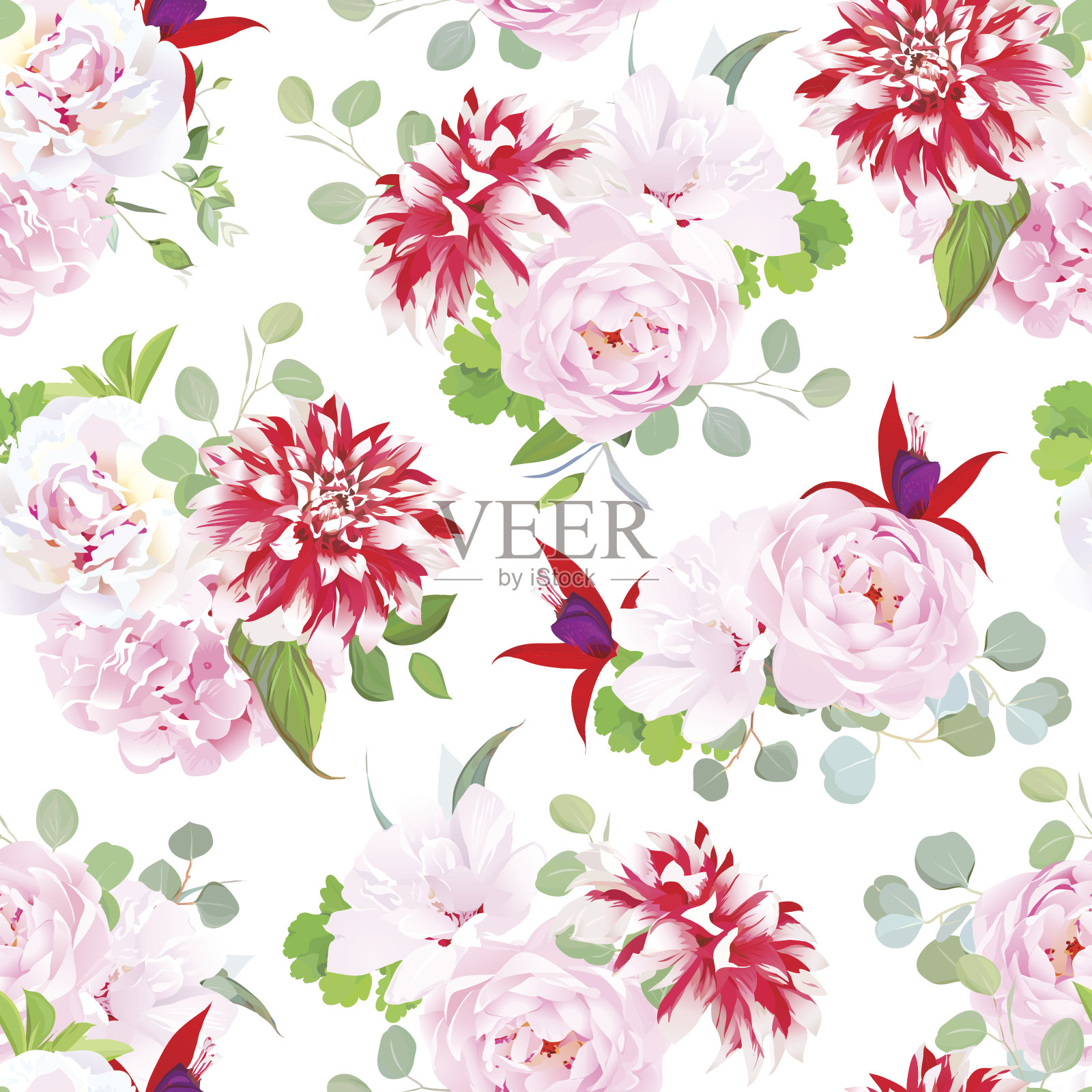 华丽的大丽花，玫瑰，绣球花，紫红色，木槿无缝插画图片素材