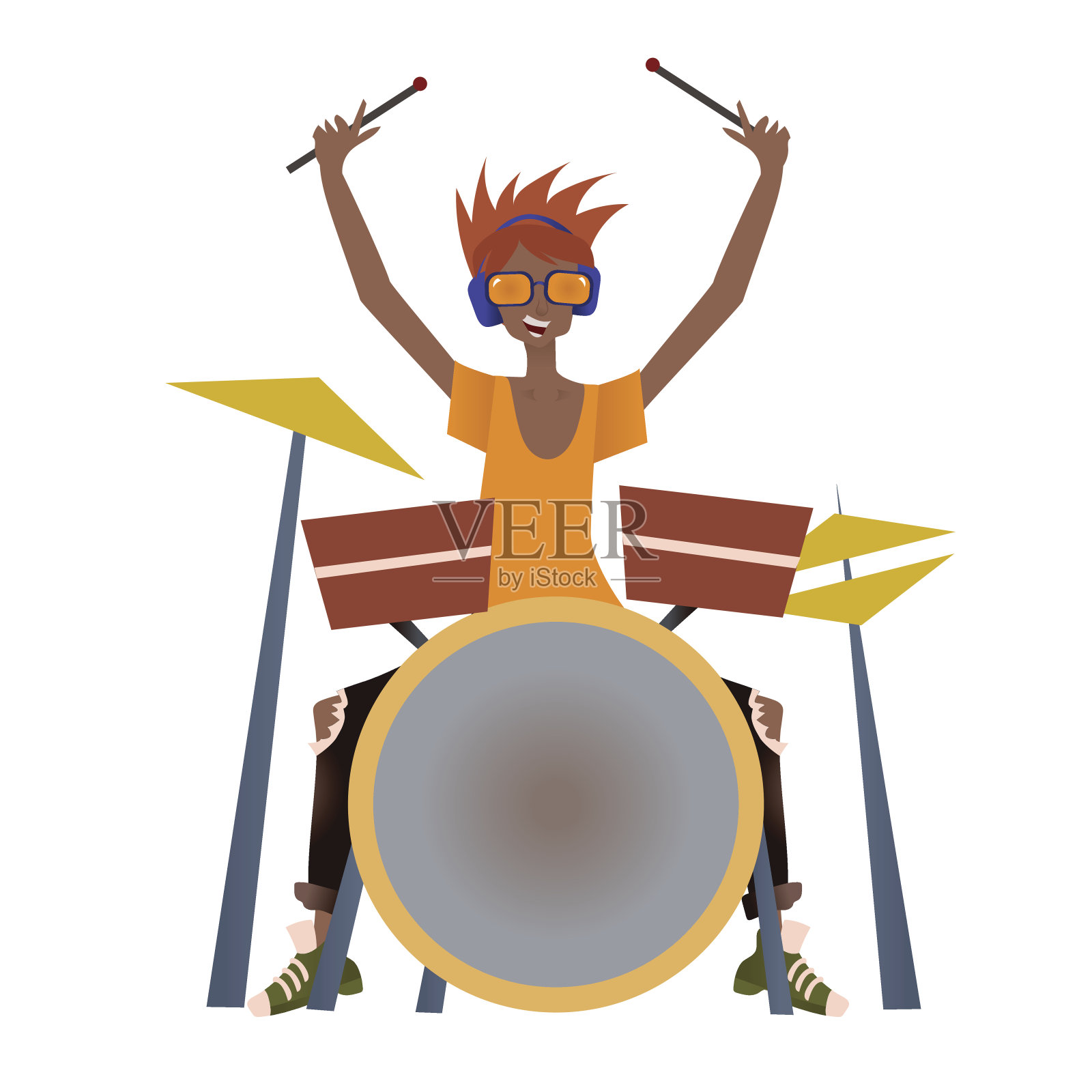 年轻的黑人打架子鼓。鼓手,音乐家。矢量插图，孤立在白色背景上。插画图片素材