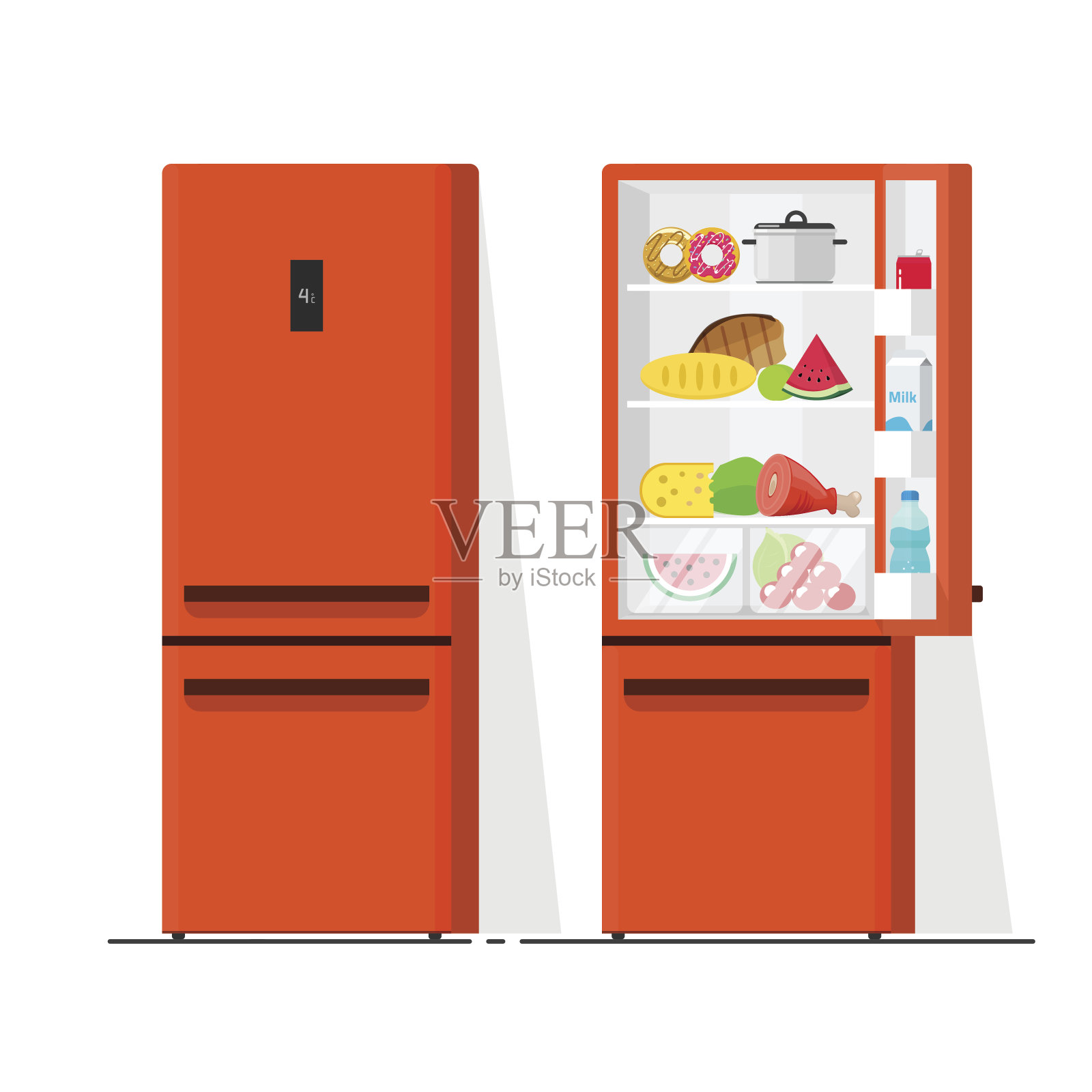冰箱矢量插图，扁平卡通冰箱打开和关闭，冰箱满食物隔离插画图片素材