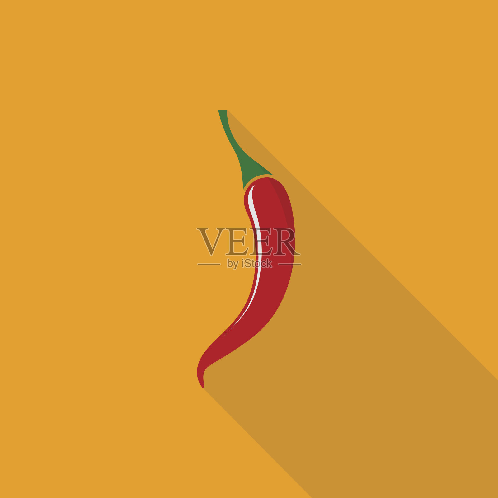 红辣椒图标与黄色背景上的长阴影，平面设计风格插画图片素材