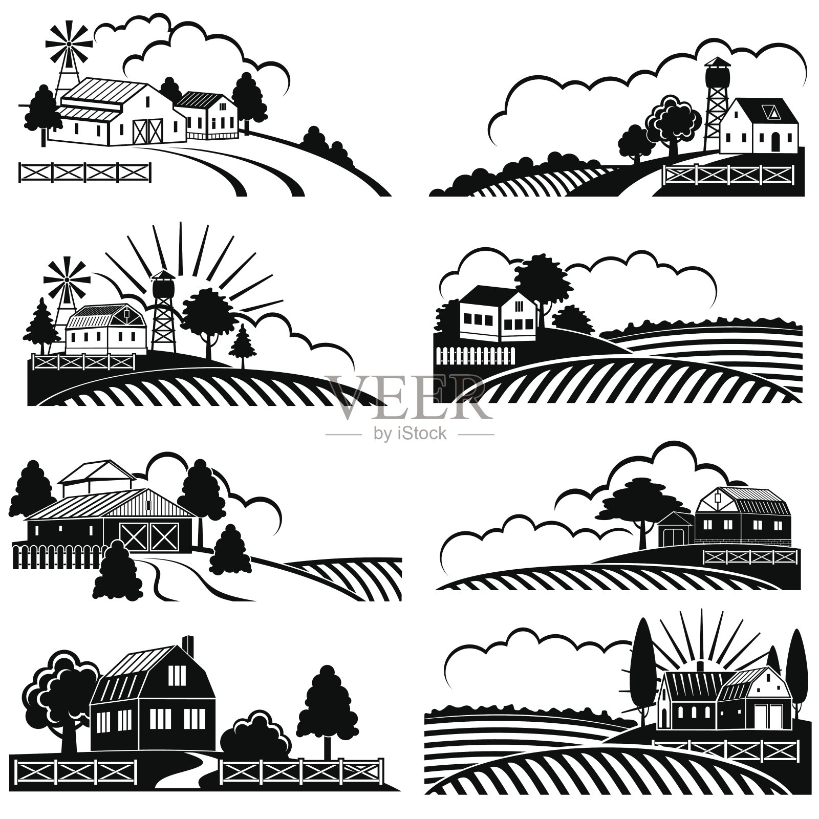 带有农田建筑的复古乡村景观。矢量复古木刻艺术插画图片素材