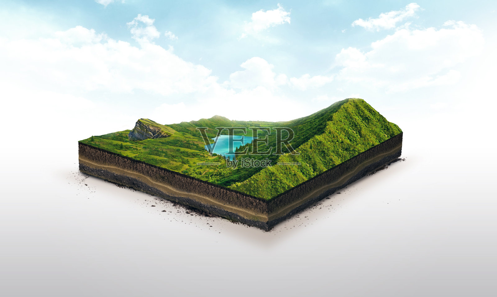 一个土壤切片的3d插图，绿色的山与湖孤立在白色的背景照片摄影图片