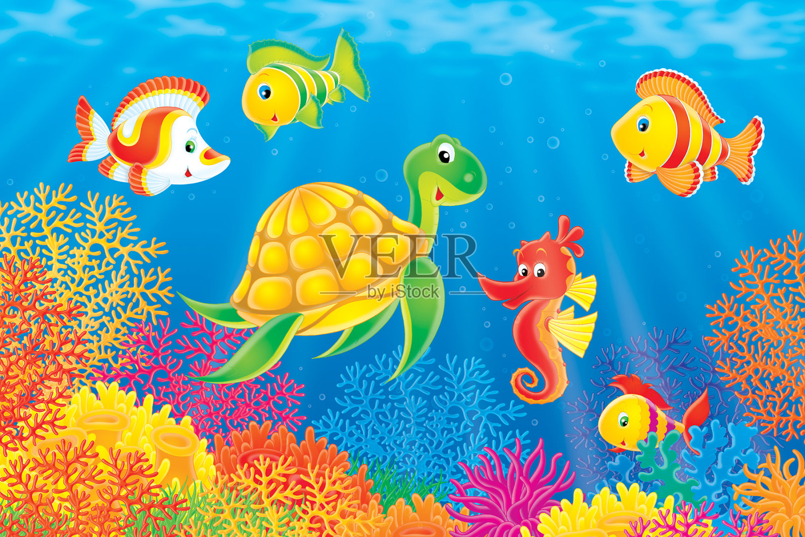 珊瑚鱼、海龟和海马插画图片素材