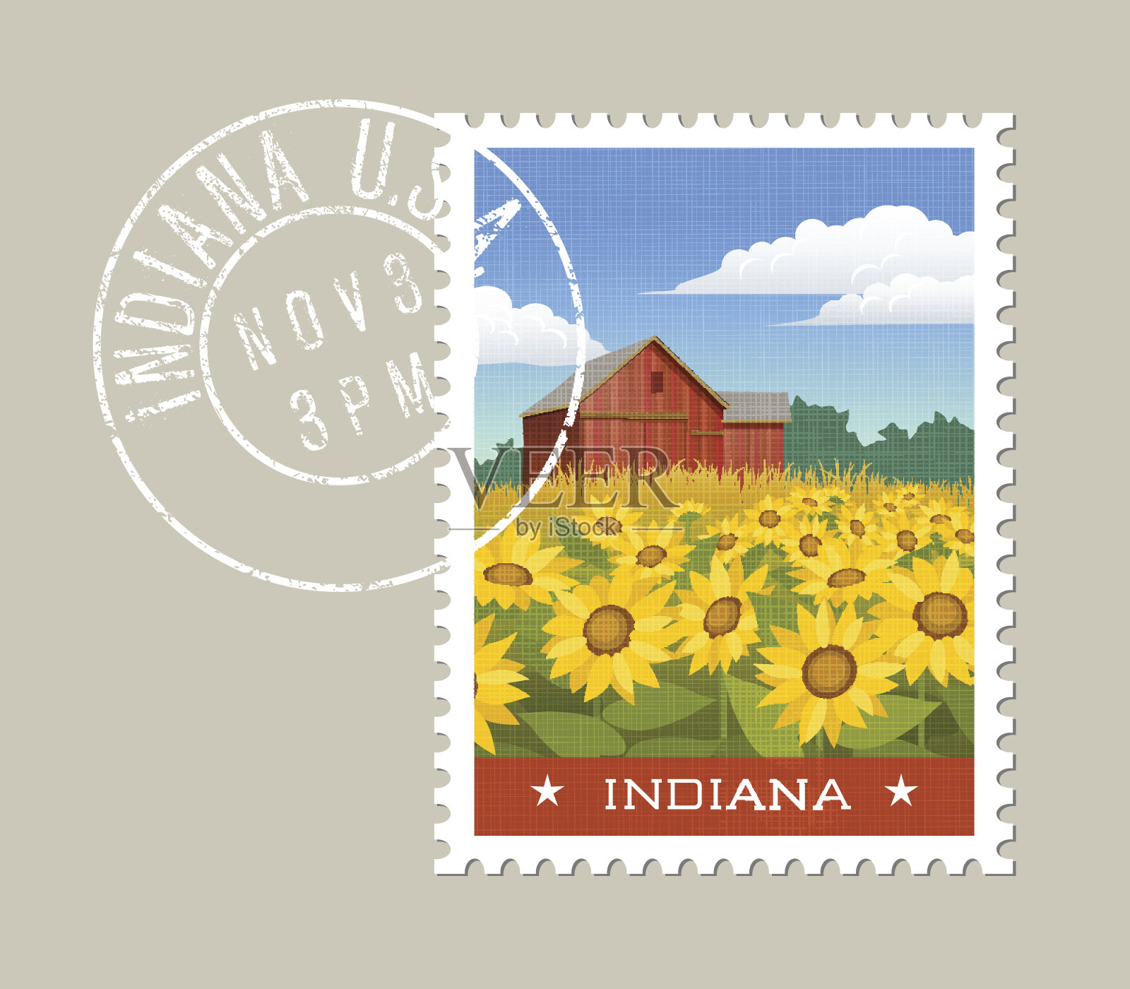 印第安纳邮票设计。矢量插图的乡村风景红色谷仓与向日葵。在另一层上印上Grunge邮戳。插画图片素材