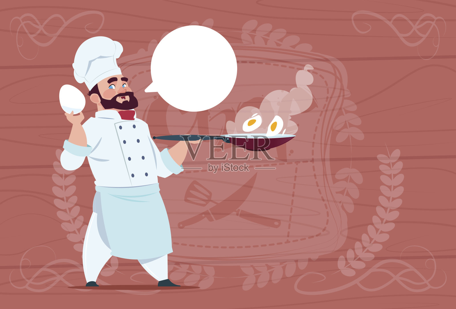 厨师厨师拿着平底锅与鸡蛋微笑卡通首席在白色餐厅制服在木制纹理的背景插画图片素材