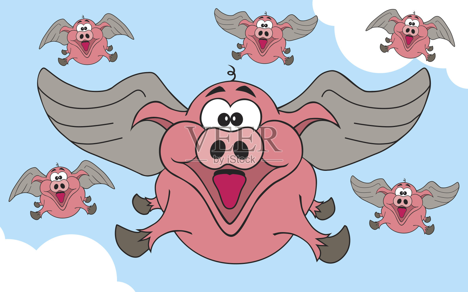 猪飞的时候插画图片素材