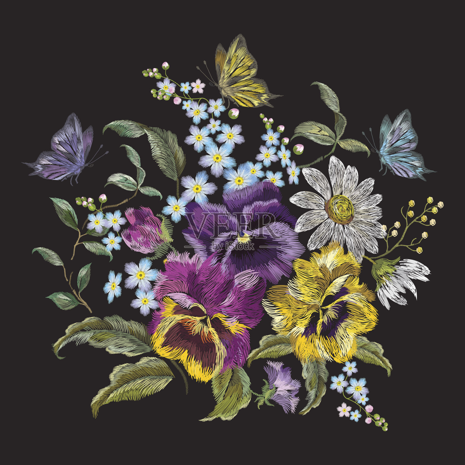 刺绣潮流花束与三色堇，甘菊和勿忘我。插画图片素材
