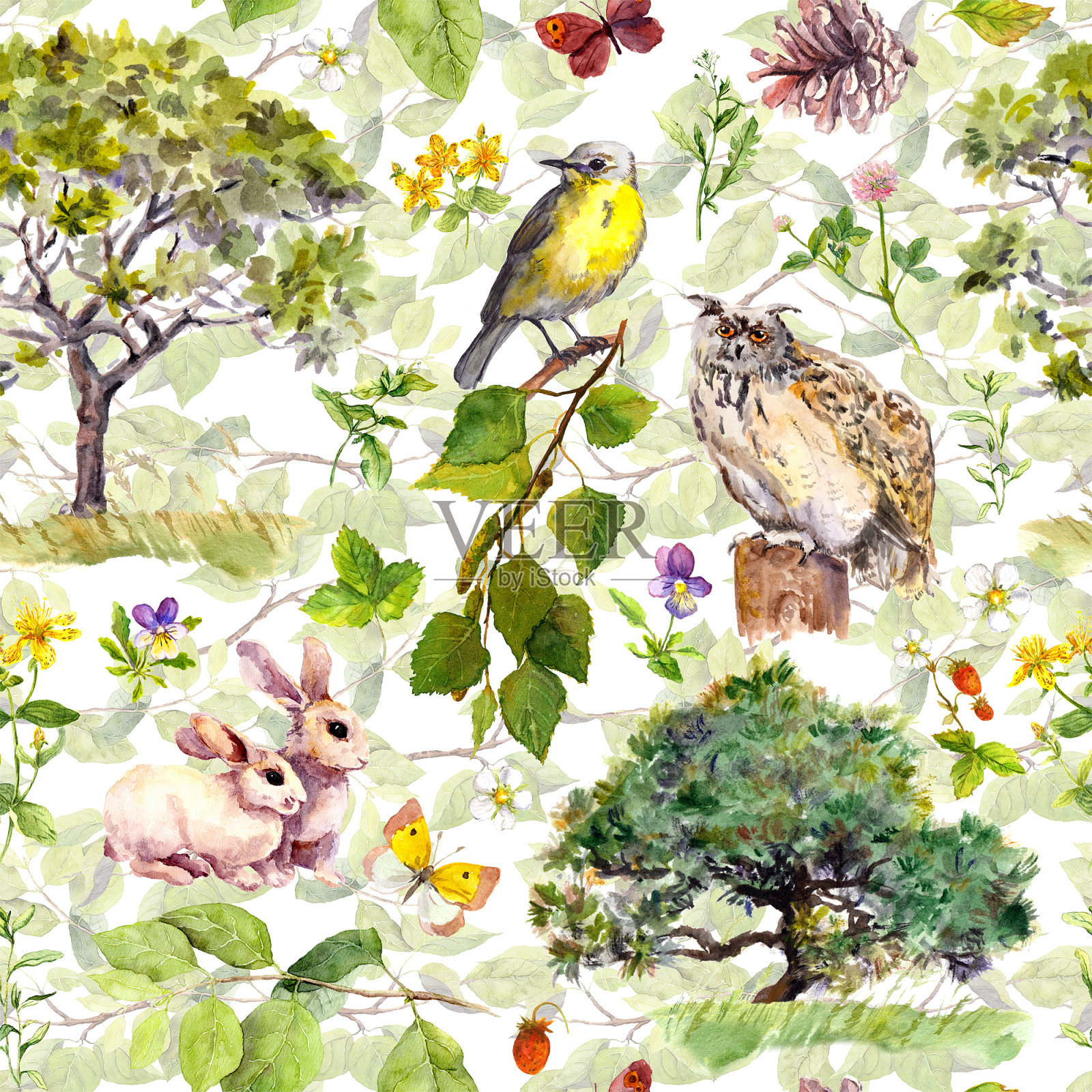 大自然:鸟、兔、树、叶、花、草。无缝模式。水的颜色插画图片素材