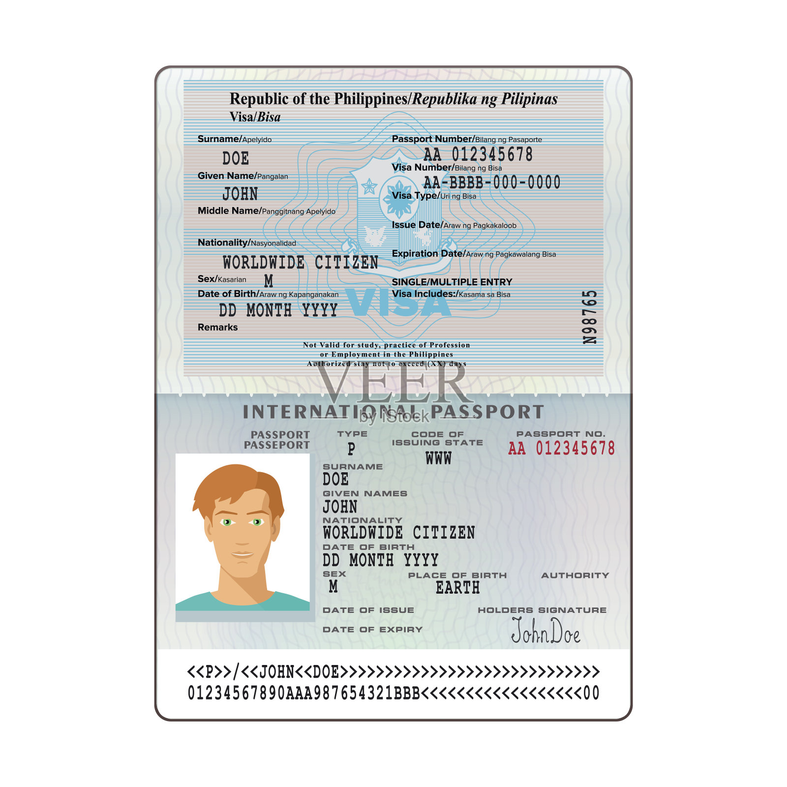 矢量国际开放护照与菲律宾签证插画图片素材