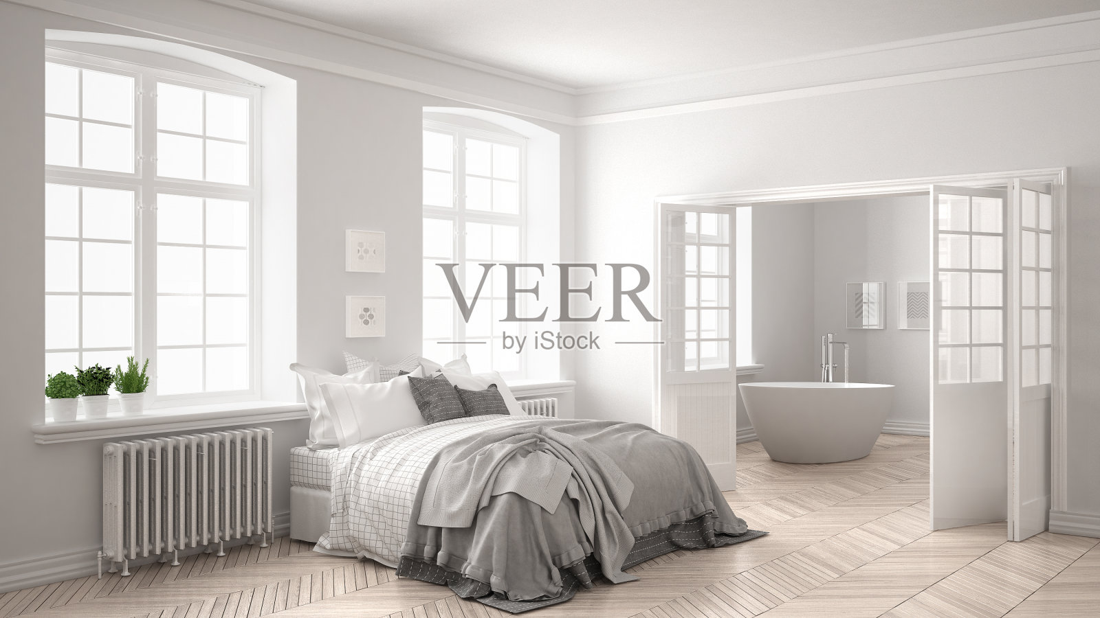 极简主义斯堪的纳维亚白色卧室与浴室的背景，经典的白色室内设计照片摄影图片