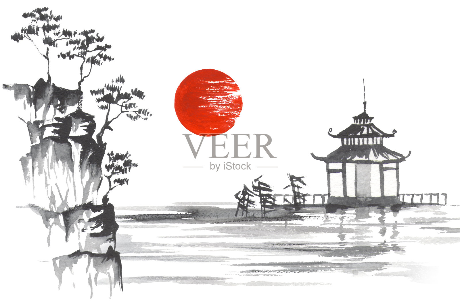 日本传统绘画Sumi-e艺术山山树太阳寺插画图片素材