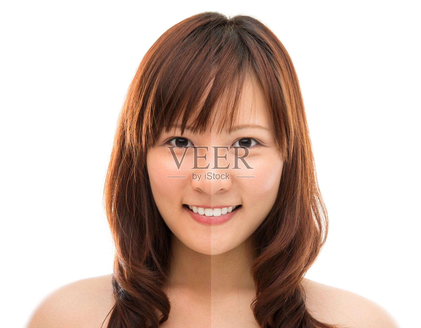 亚洲妇女的脸与半棕褐色皮肤照片摄影图片