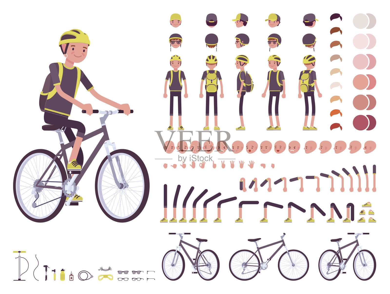 男性自行车手角色创建集插画图片素材