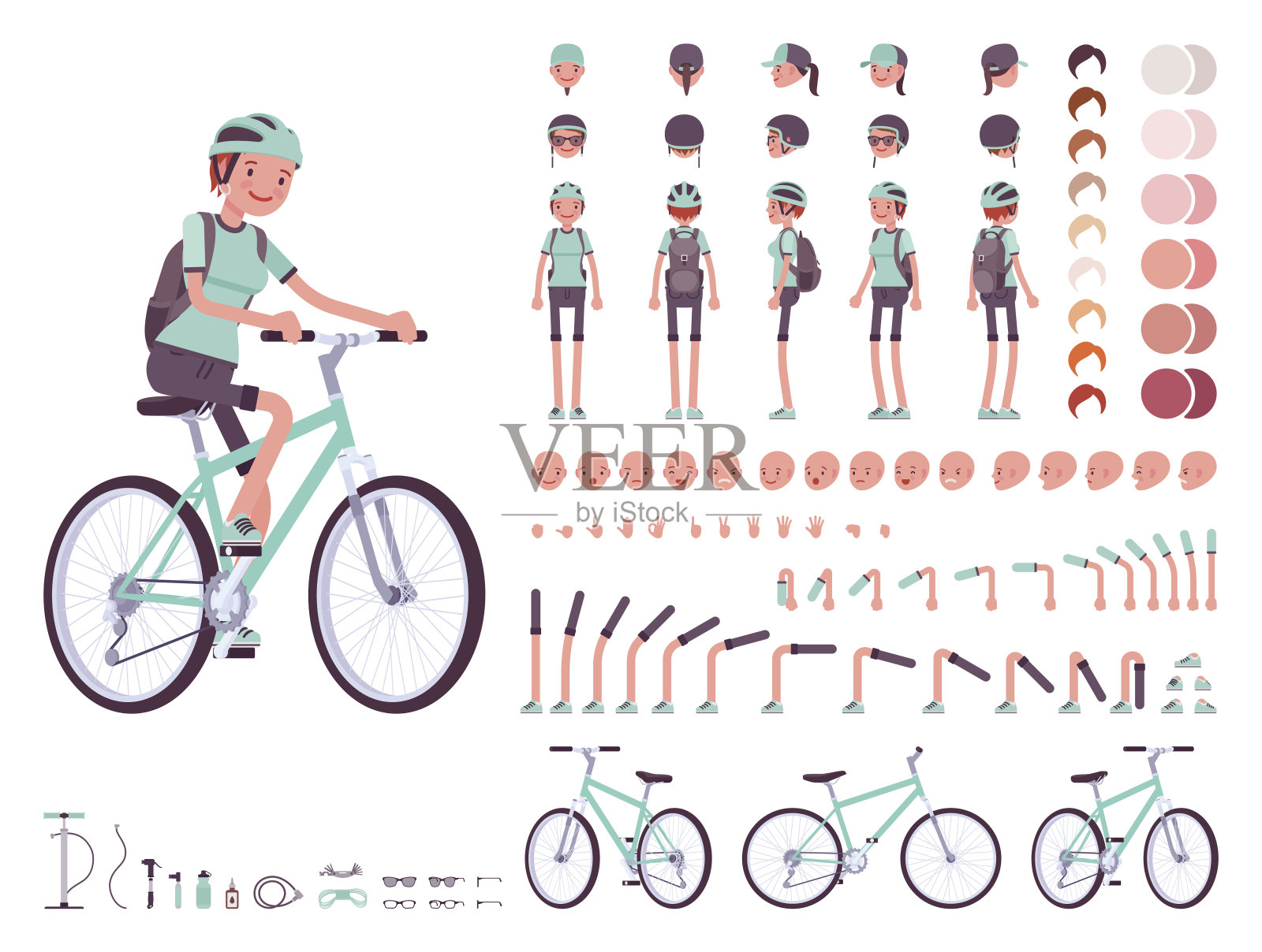 女性自行车手角色创建集插画图片素材