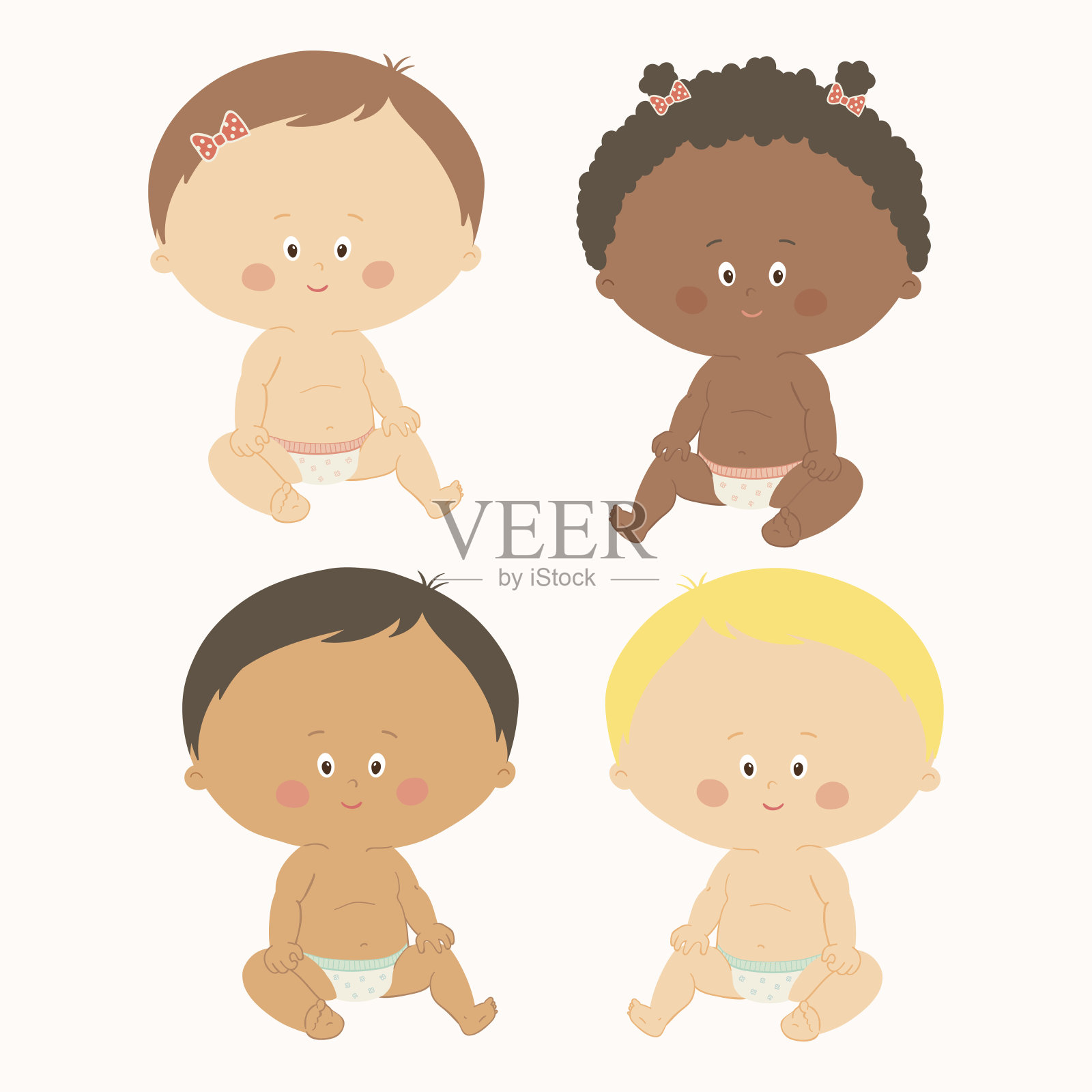 多民族的四个婴儿坐着。蹒跚学步的女孩和男孩。卡通矢量手绘eps 10插图孤立在白色背景设计元素图片