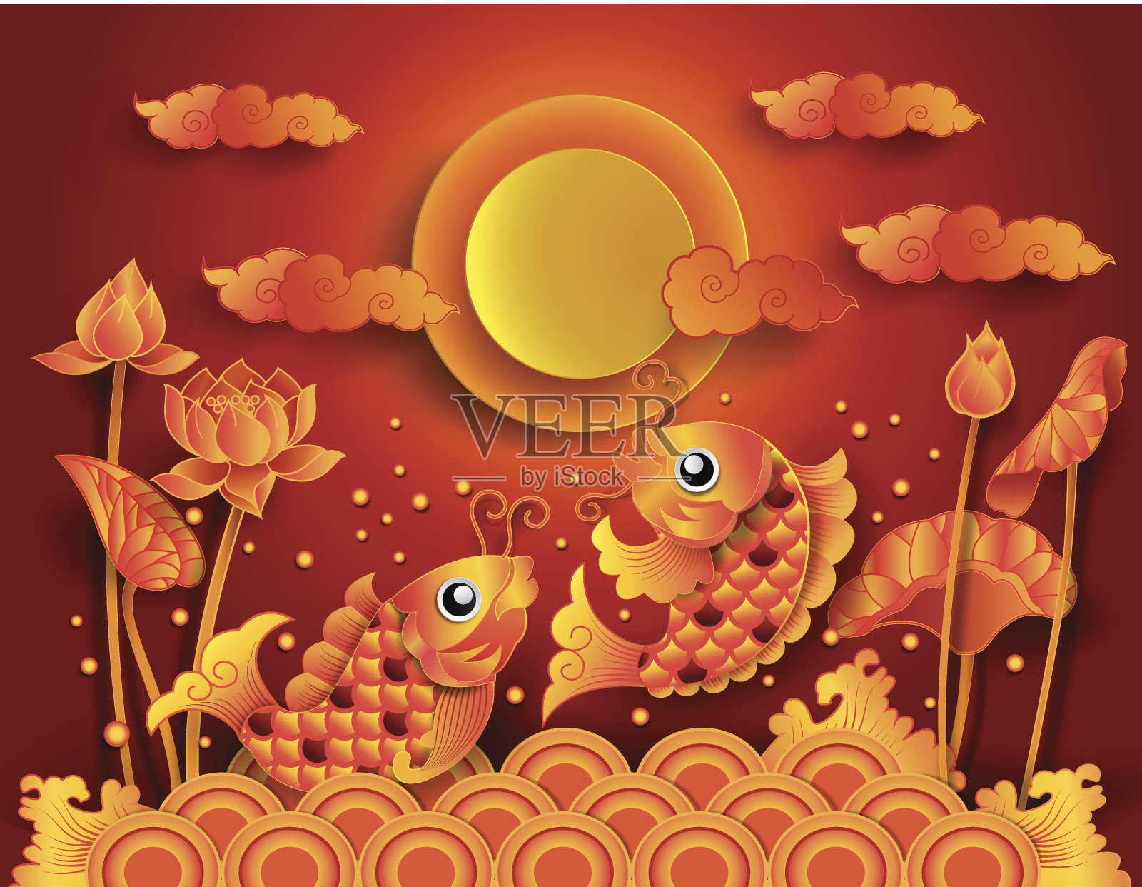 金色锦鲤与满月插画图片素材