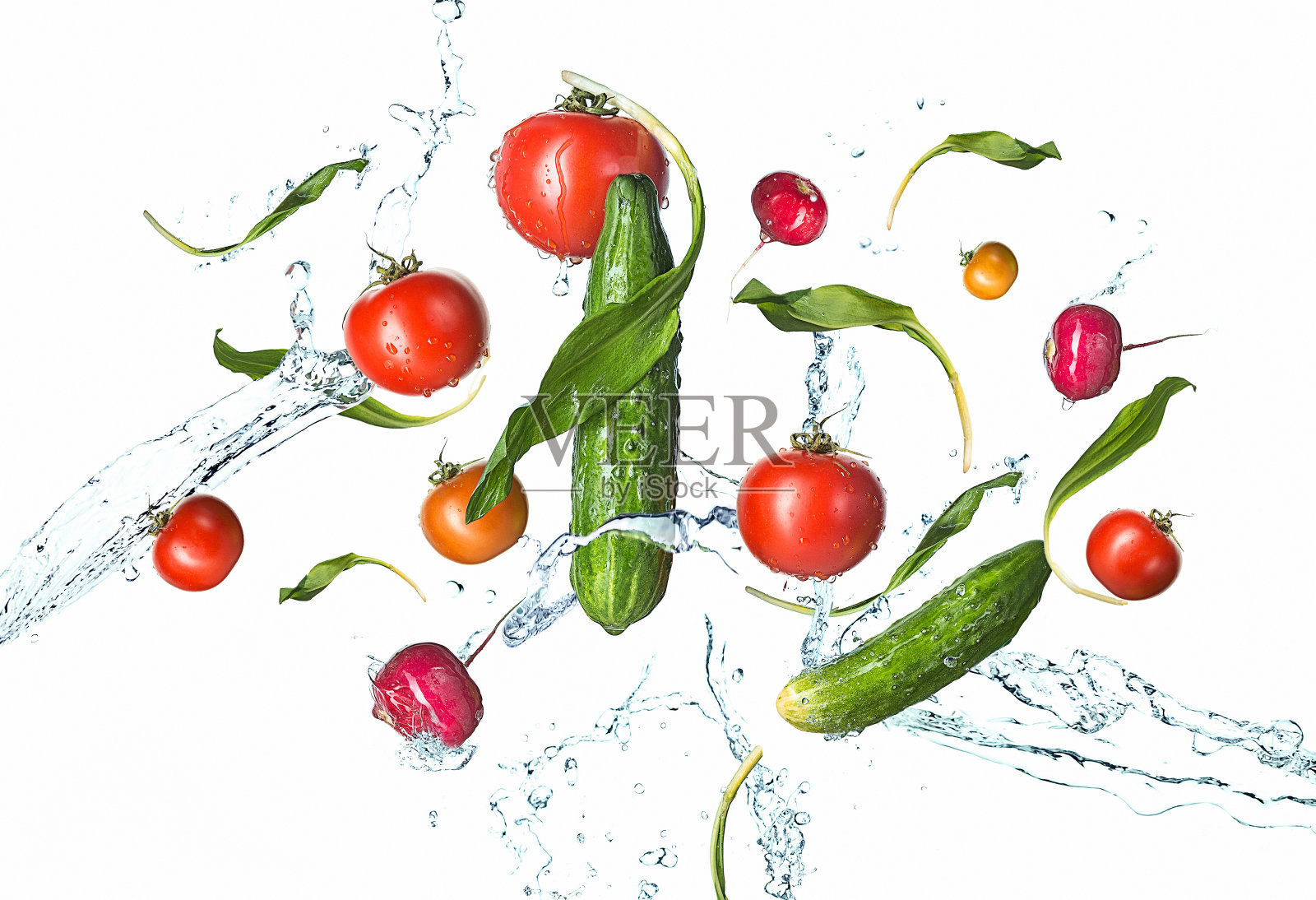 把新鲜的西红柿、黄瓜、萝卜在水里喷一下照片摄影图片