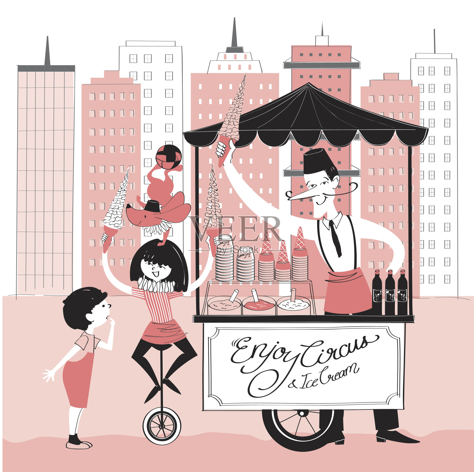 矢量插图的冰淇淋小贩，一个马戏团女孩，一条狗和一个男孩与冰淇淋卡车插画图片素材