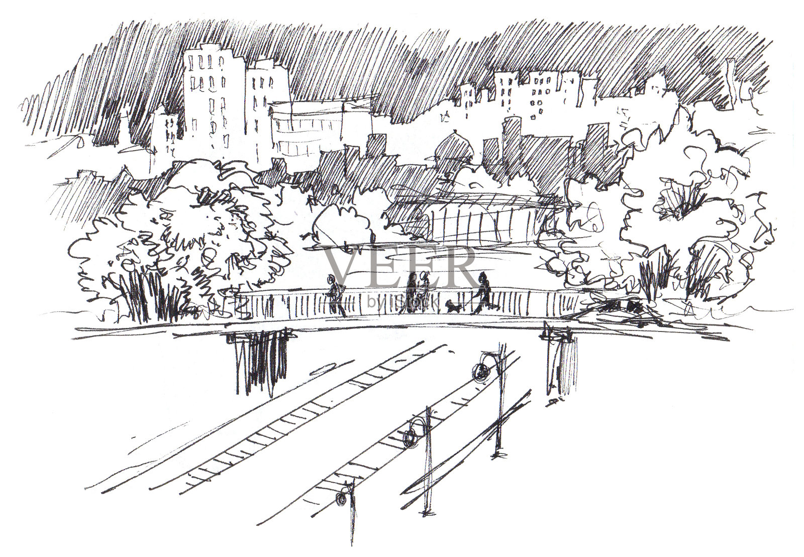 城市景观。城市的观点。现代化的高楼大厦，公园，铁路桥和铁路。墨水草图插画图片素材