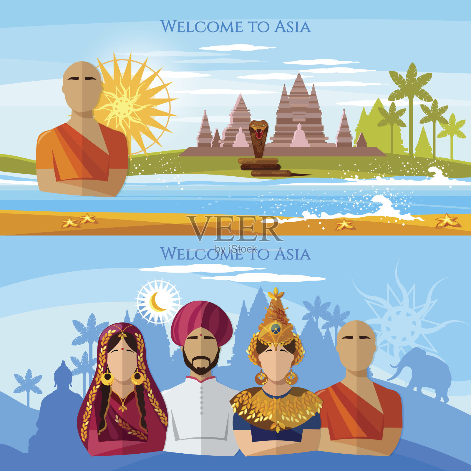 亚洲旗帜。亚洲的宗教和人民。印度教，佛教僧侣，穿纱丽的女人，穿民族服装的亚洲女孩插画图片素材
