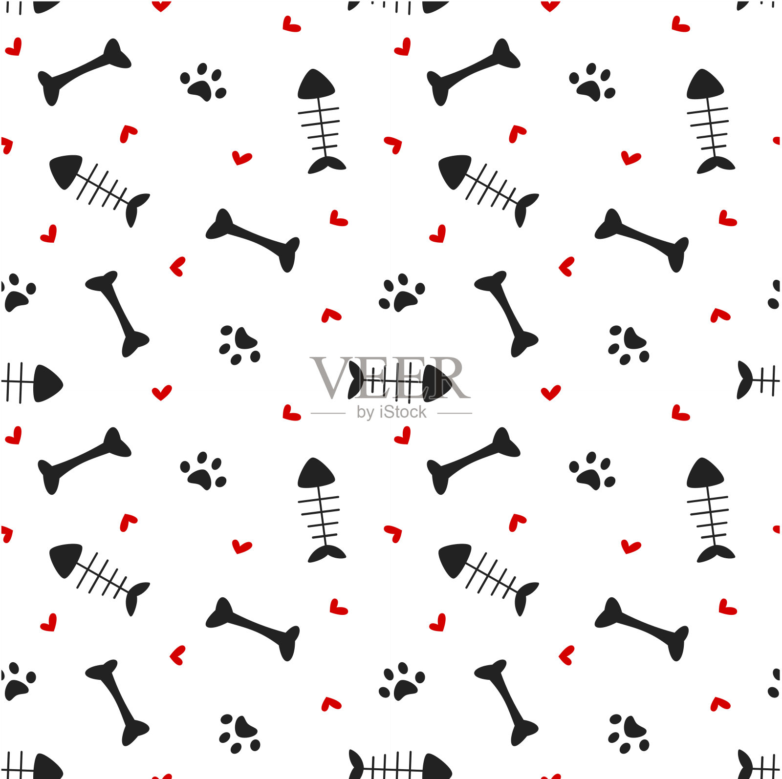可爱的黑白红色无缝矢量图案背景插图与骨头，心脏，爪子和鱼骨插画图片素材