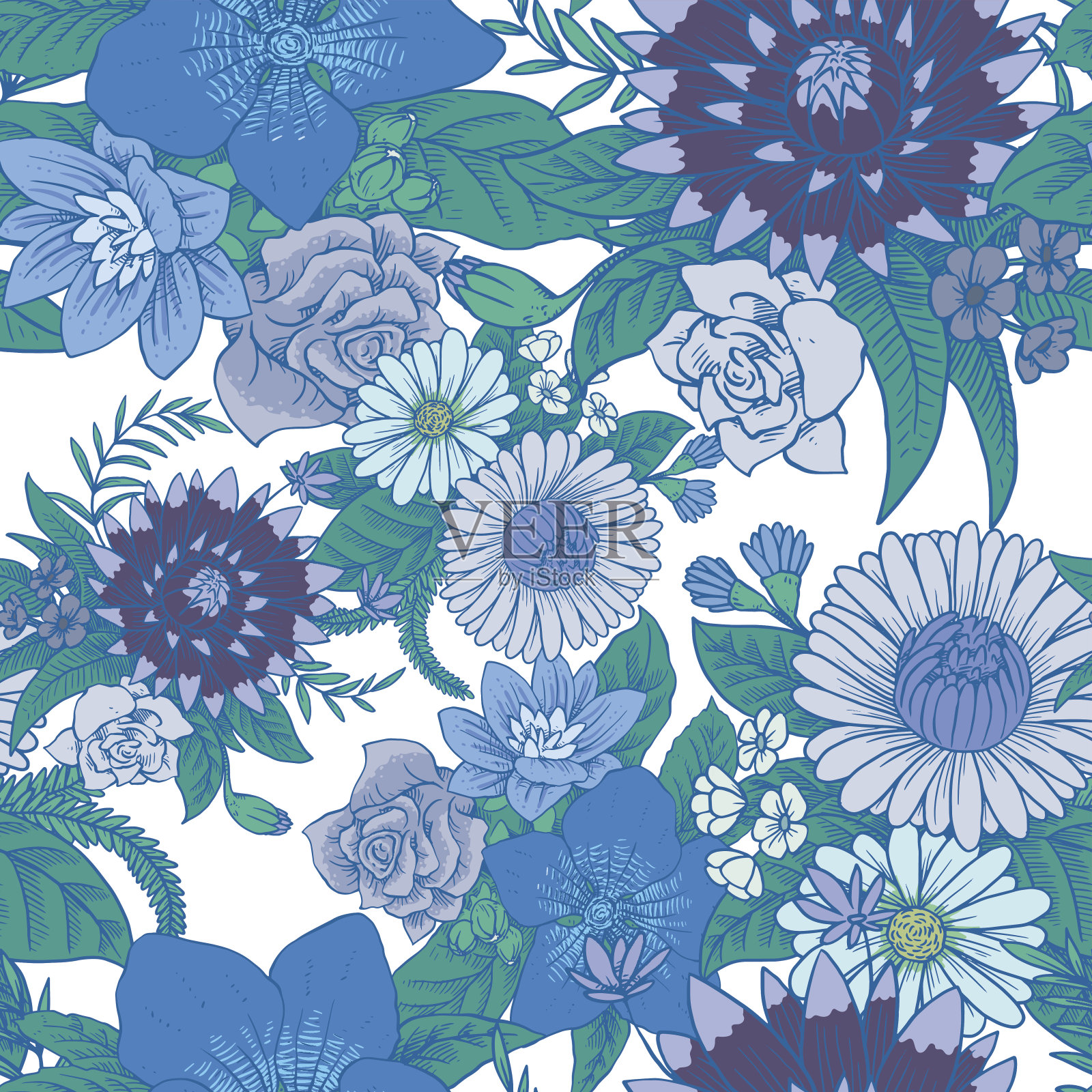 无缝花卉图案与美丽的花在蓝色调插画图片素材