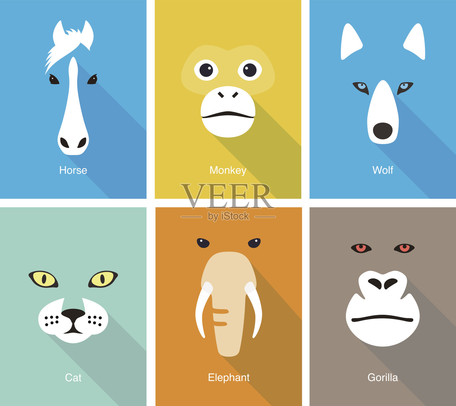 动物脸平面图标设置设计，矢量插图插画图片素材