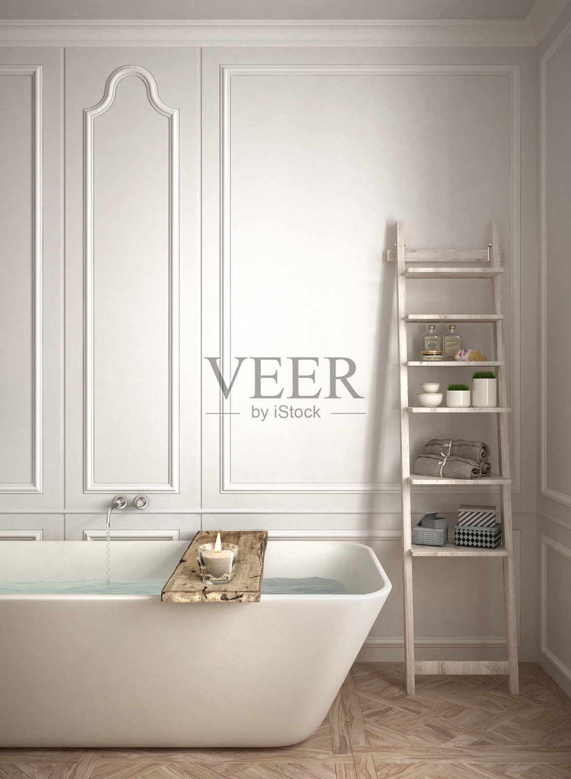 简约的浴室特写，白色斯堪的纳维亚室内设计，古典建筑照片摄影图片