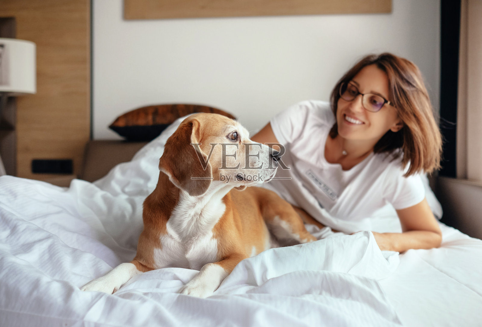 女人和小猎犬醒来，在床上迎接新的一天照片摄影图片
