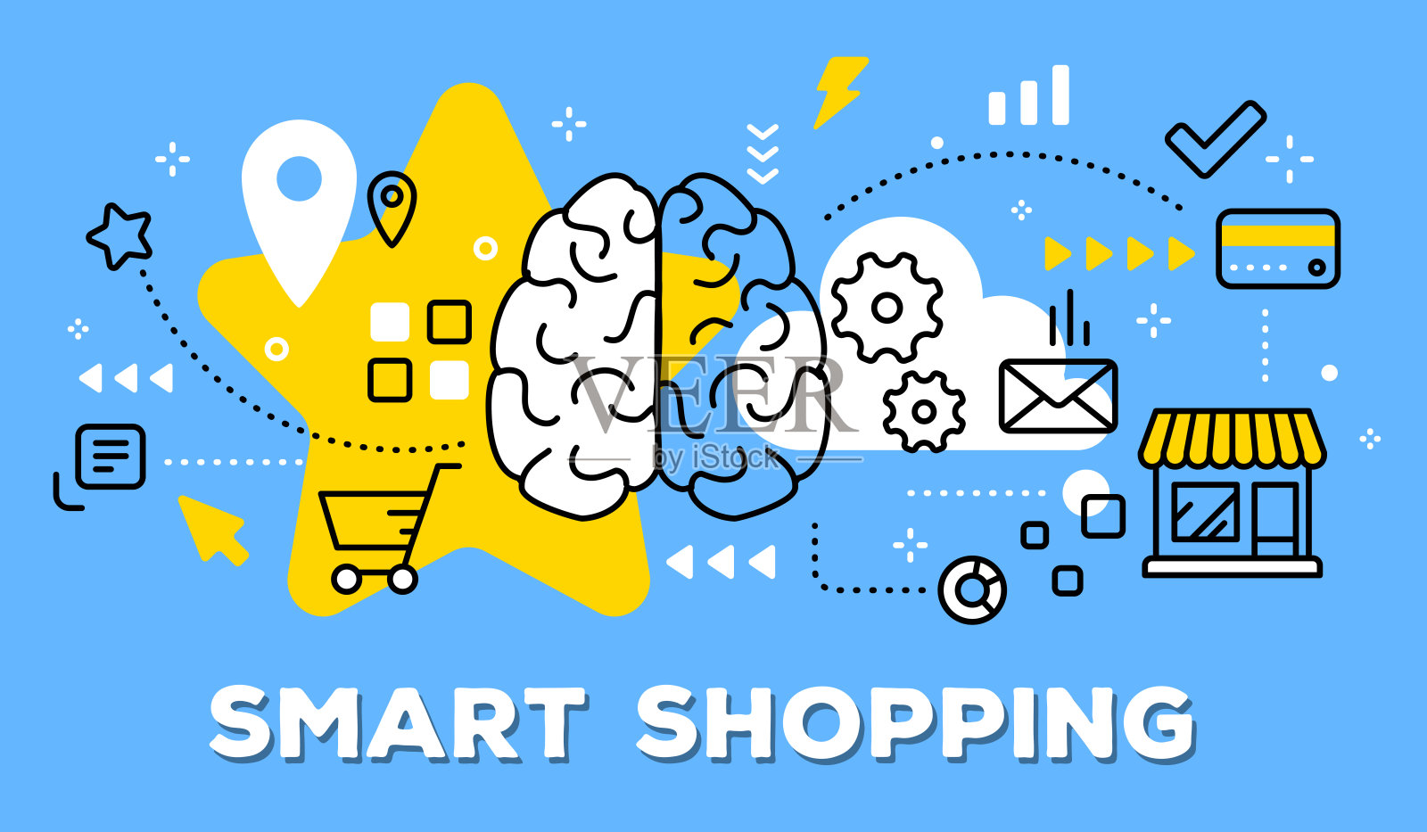 人脑、商店、黄色星星和图标的矢量插图。聪明的购物概念在蓝色背景与标题。插画图片素材