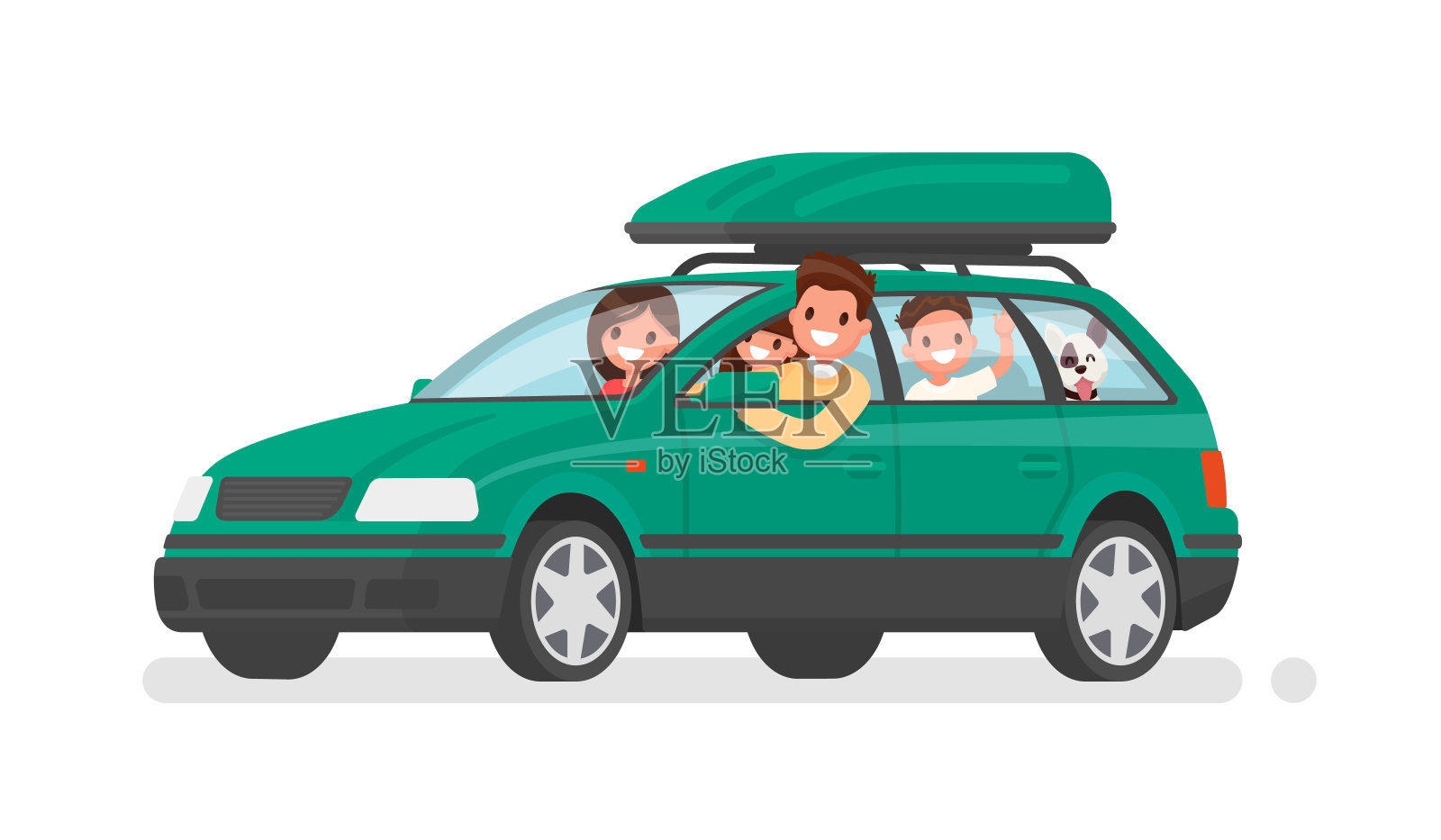 幸福的一家人开车去度假。爸爸，妈妈，儿子，女儿和狗去旅行。矢量图插画图片素材