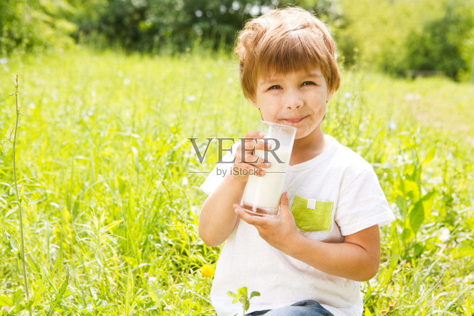 微笑的小男孩在绿色的草地上喝牛奶。照片摄影图片