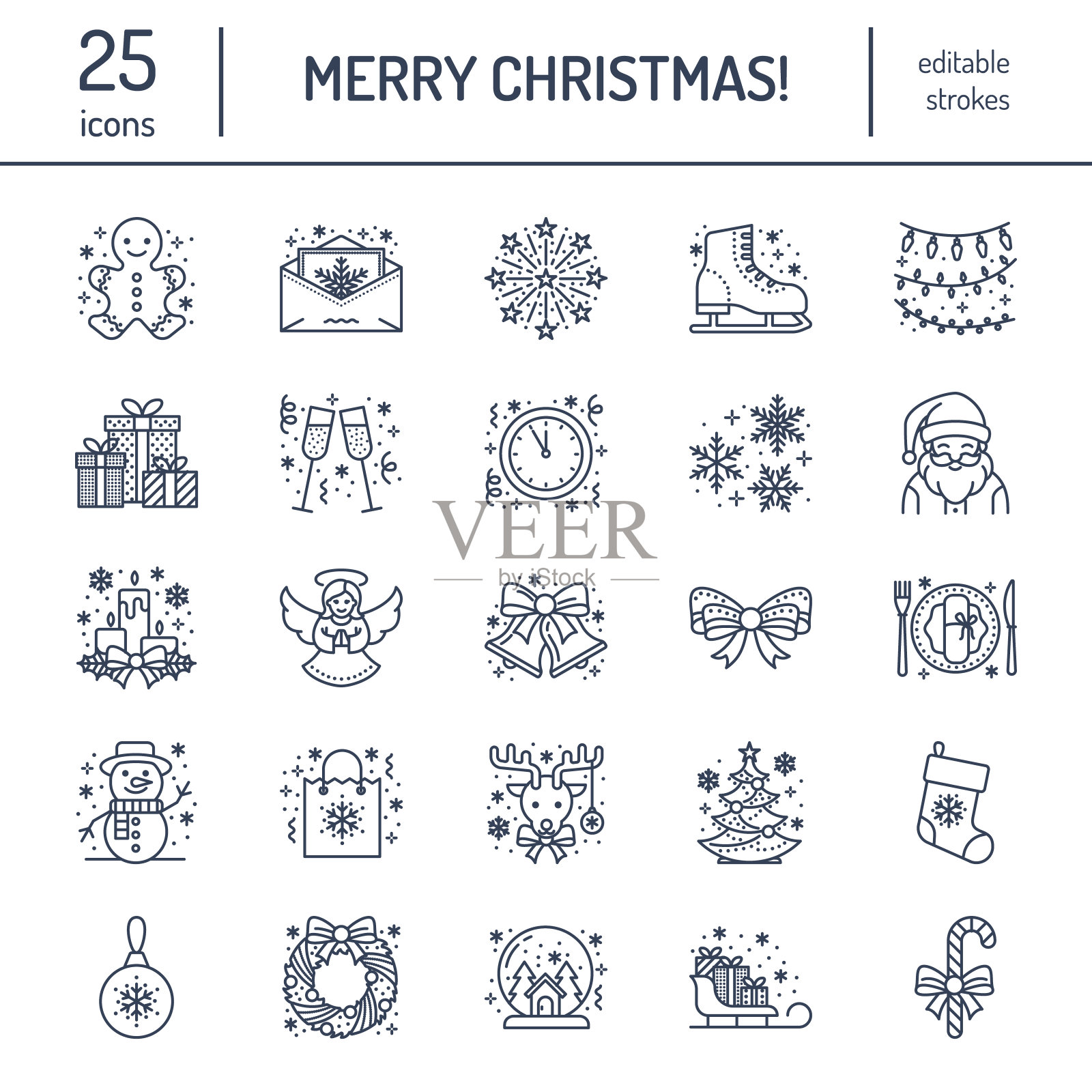 圣诞、新年平线标志。寒假-圣诞树礼物，雪人，圣诞老人，烟花，天使。矢量插图，庆祝圣诞派对的标志图标素材