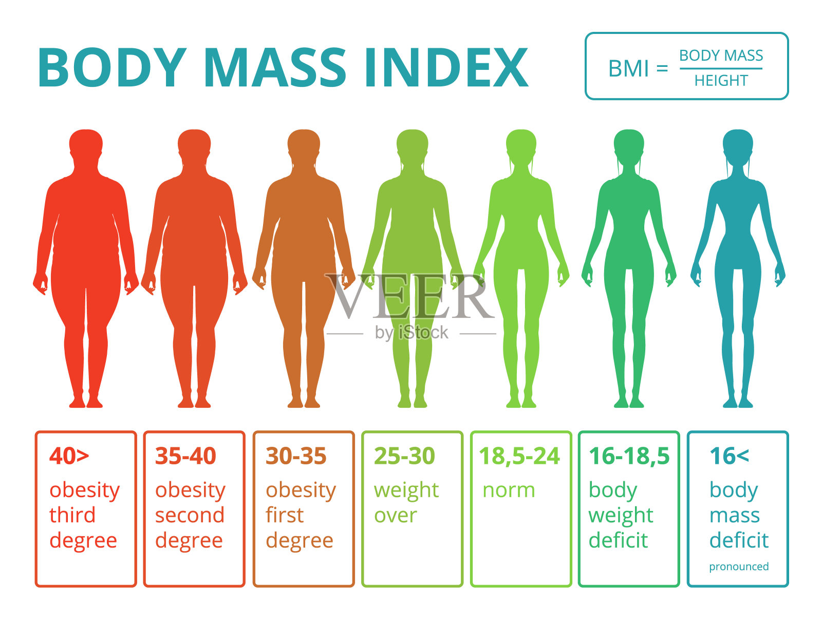 女性身体质量指数图解医学信息图。从肥胖到健康的女人插画图片素材