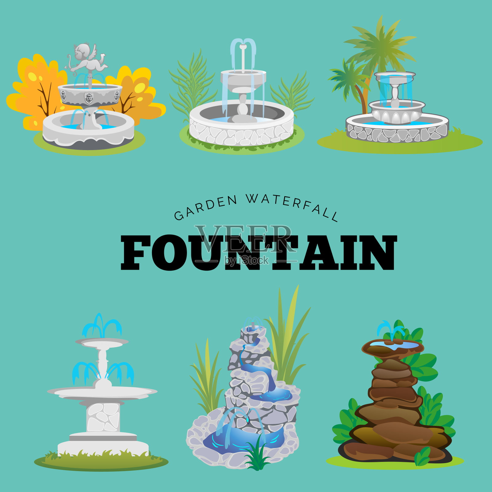 设置户外喷泉为园艺，春季和夏季植物花园瀑布，秋季后院装饰石雕雕像矢量插图插画图片素材