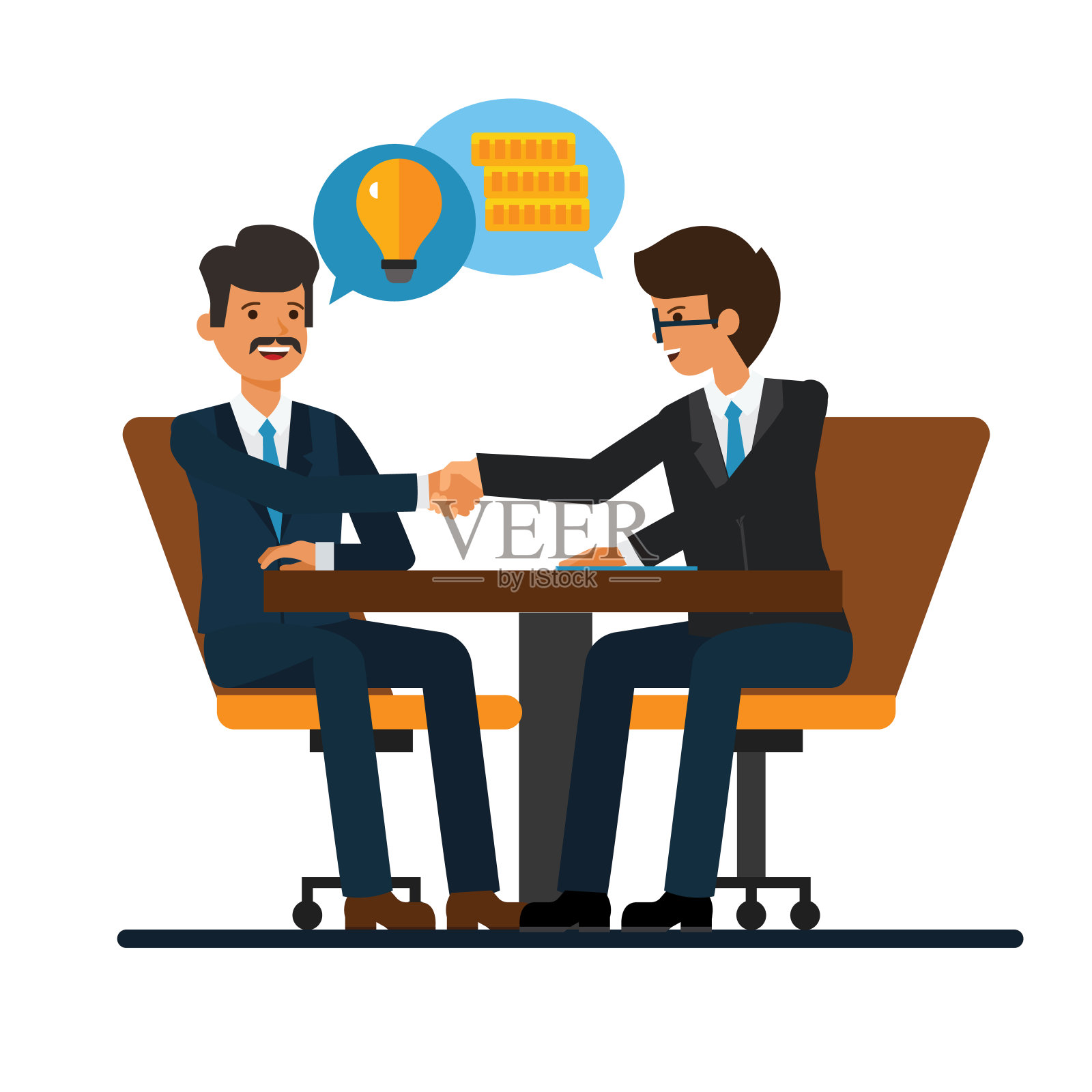 商务谈判，握手的商人在办公桌旁卡通平面矢量插图概念孤立的白色背景插画图片素材