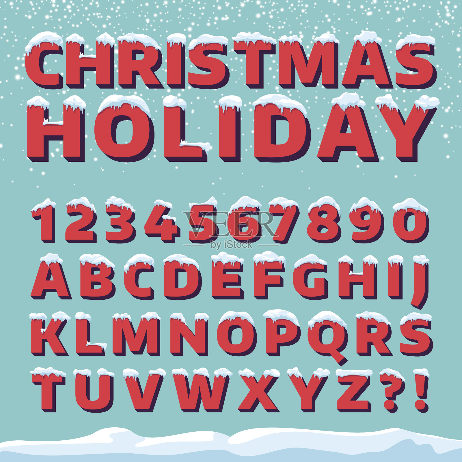 圣诞假期矢量字体。复古3d字母与雪帽设计元素图片