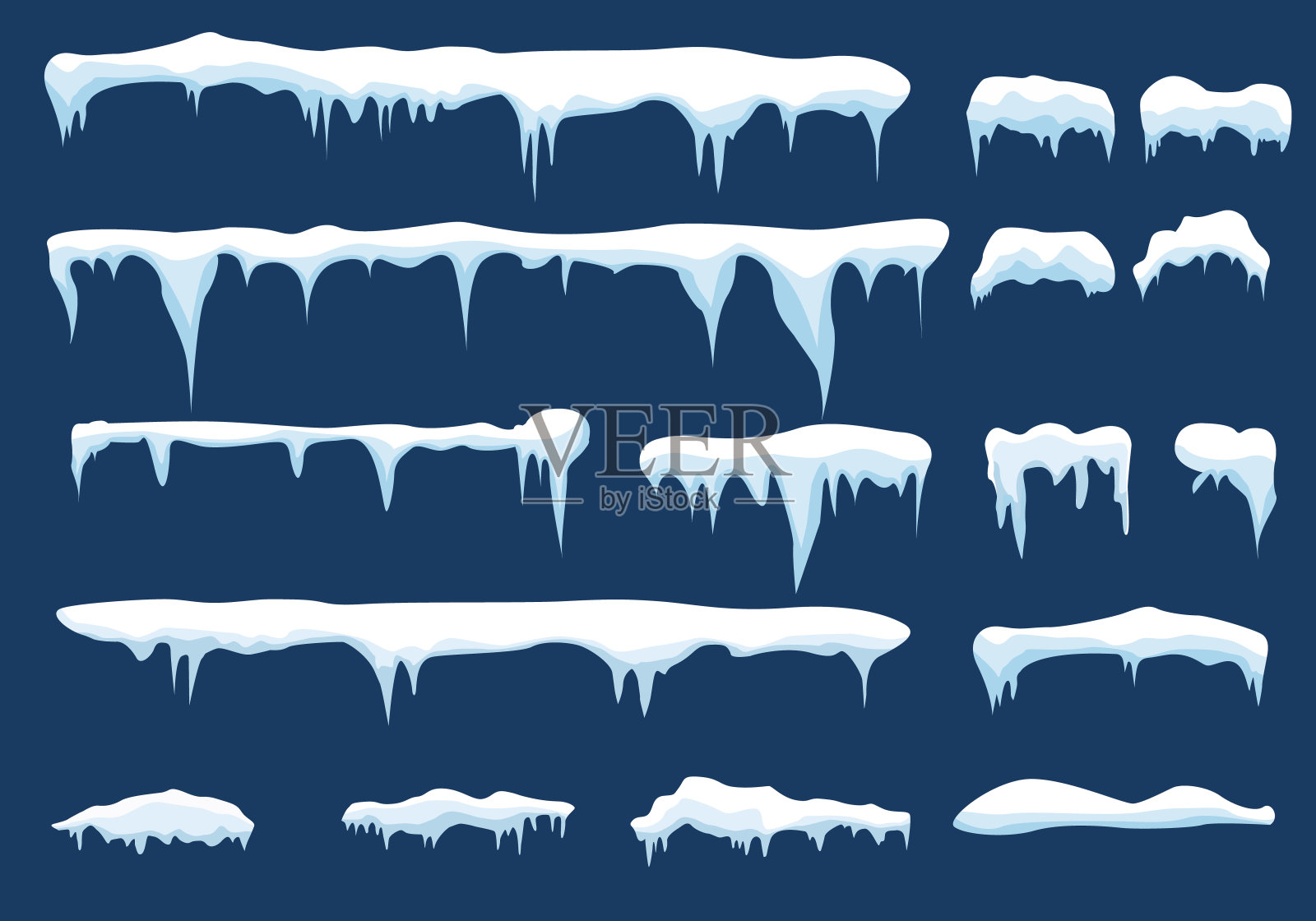雪套冰柱，雪帽孤立。雪元素在冬天的背景。矢量模板卡通风格插画图片素材