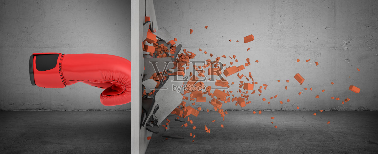 一个巨大的红色拳击手套在侧视图的3d渲染碰到了一堵砖墙，并将其粉碎，碎石掉了出来。照片摄影图片