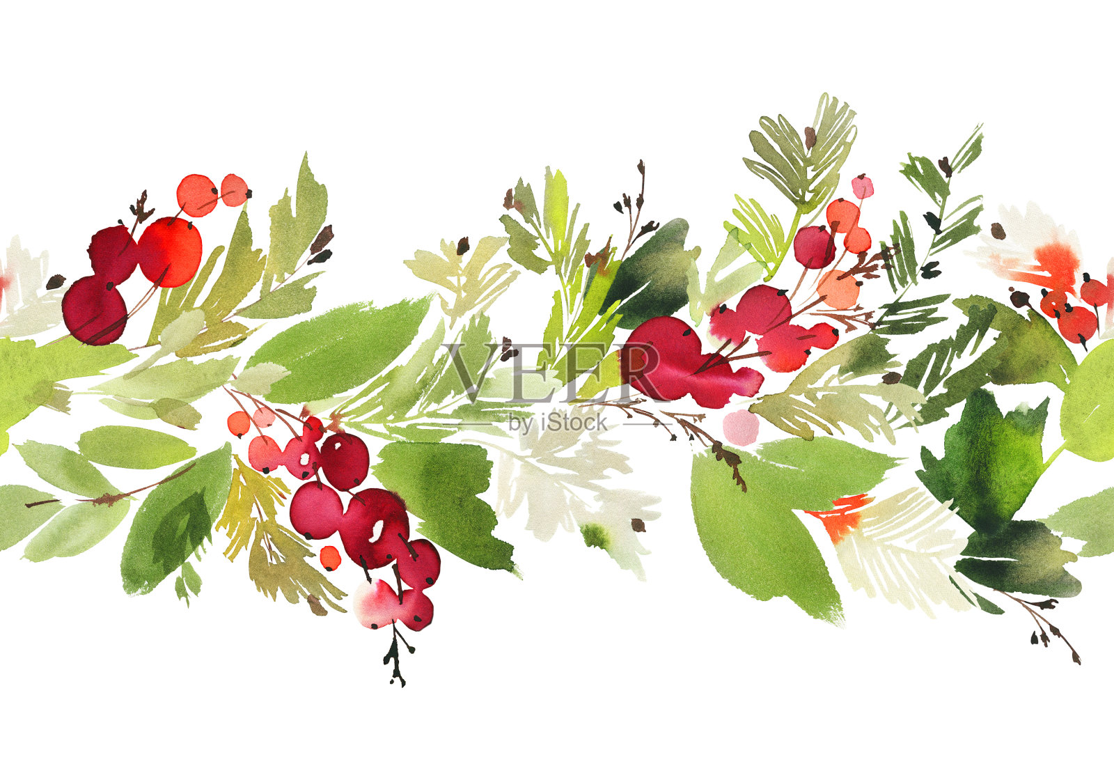 无缝水彩圣诞图案与浆果和云杉插画图片素材