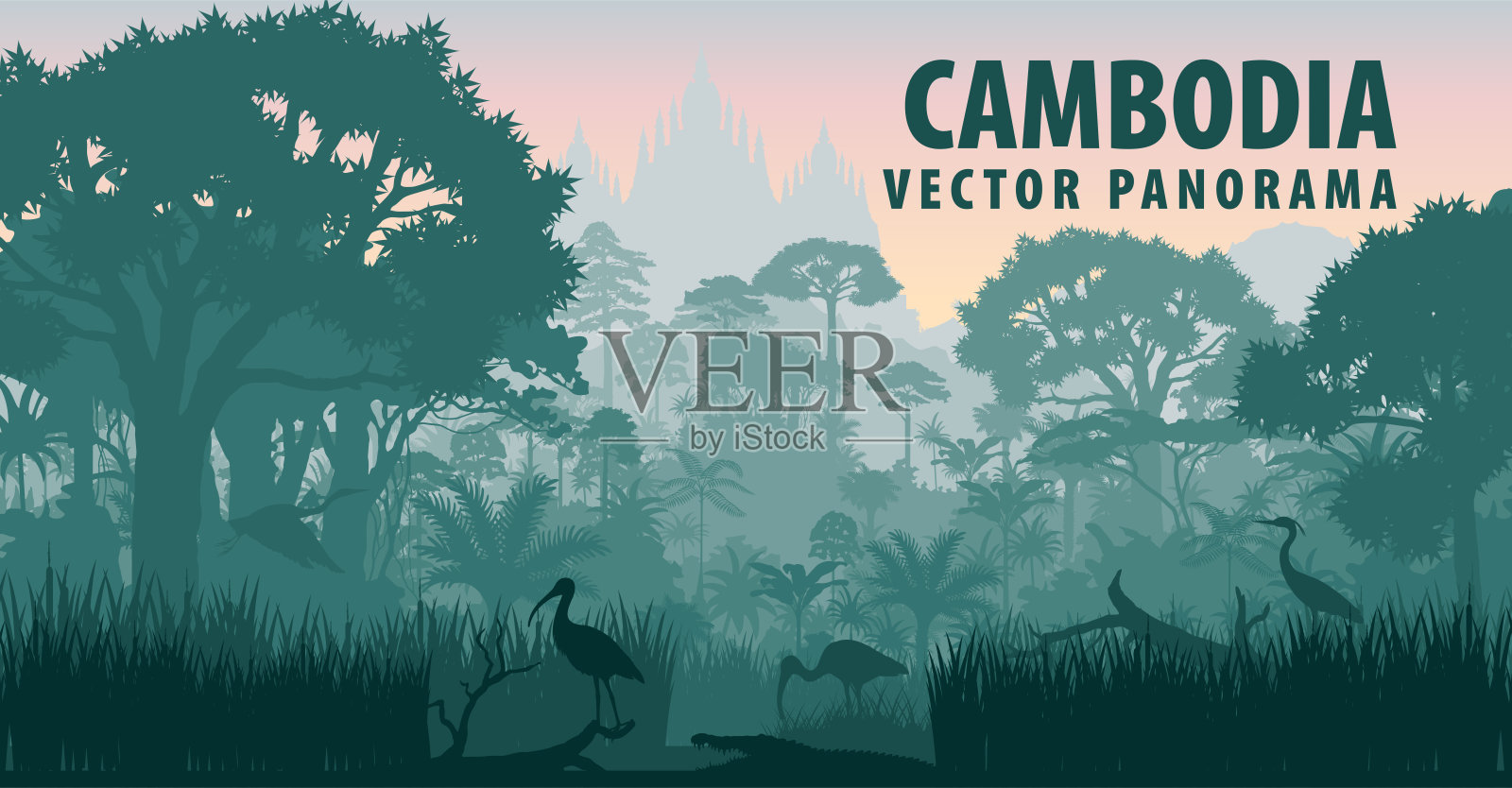 柬埔寨与鳄鱼，苍鹭和朱鹮在丛林雨林湿地的矢量全景图插画图片素材