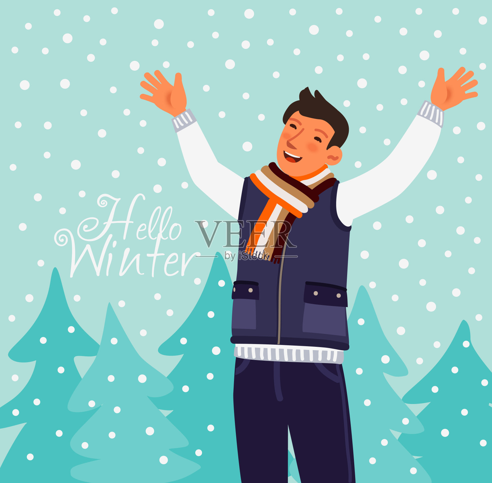 年轻，快乐和微笑的人有乐趣在冬天的森林下的雪花。神奇的降雪。圣诞和新年矢量插图插画图片素材