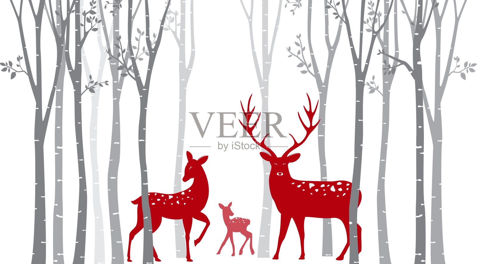 红色圣诞鹿与桦树插画图片素材